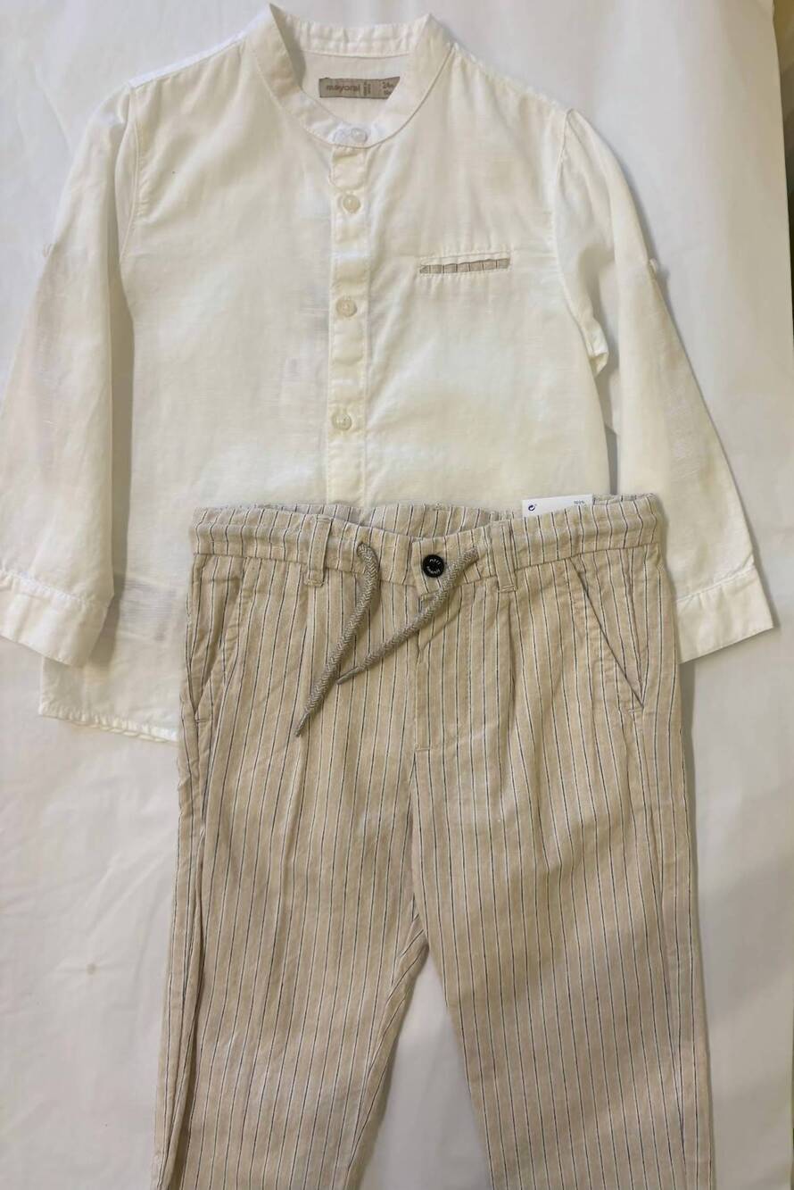 NEW MAYORAL boy's linen striped pants set in white/beige
